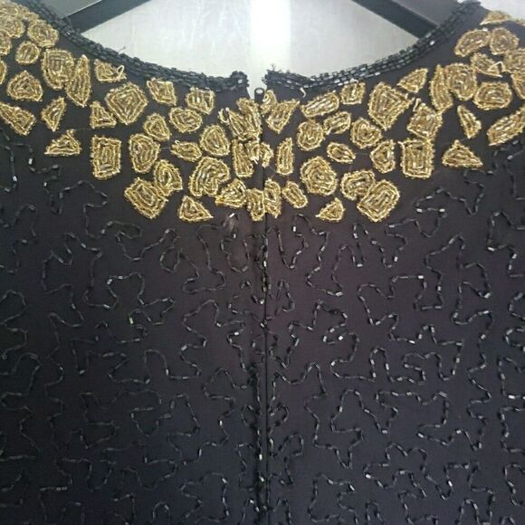 VTG Lourence Kazar Top Blouse Short Sleeves Black Gold Fully Sequins Lined Sz XL - Picture 8 of 15